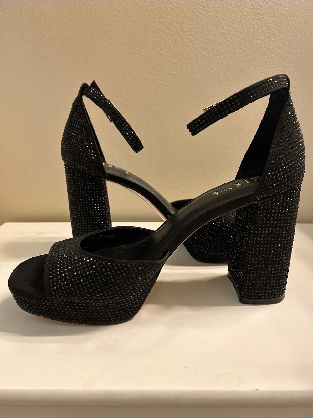 Mix No. 6 Black Ankle-Strap Block Heel Sandals with Sparkle Detail